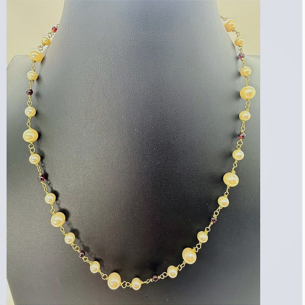 Cream & Wine Beads Wire Wrapped Pearl & Garnet Handmade Necklace Filigree Clasp